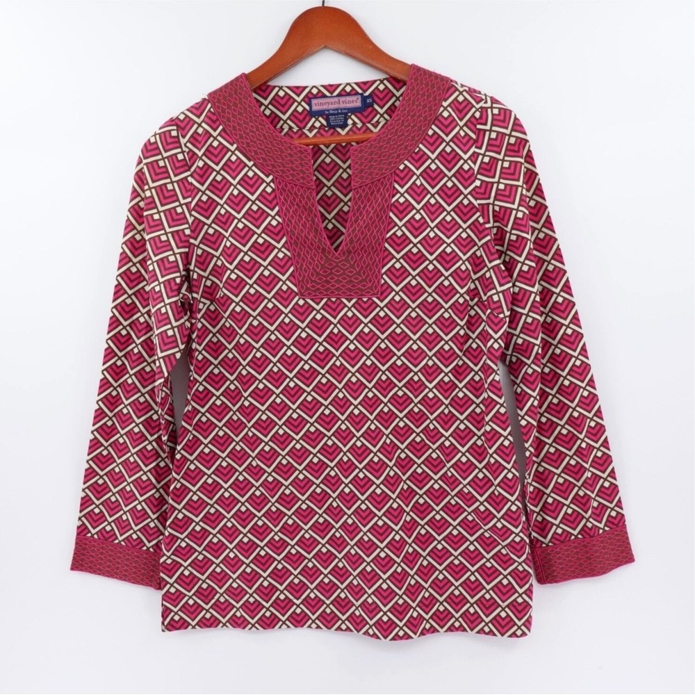 Vineyard Vines Pink Geo Print Tunic Top Embroidered Women Mod 70s